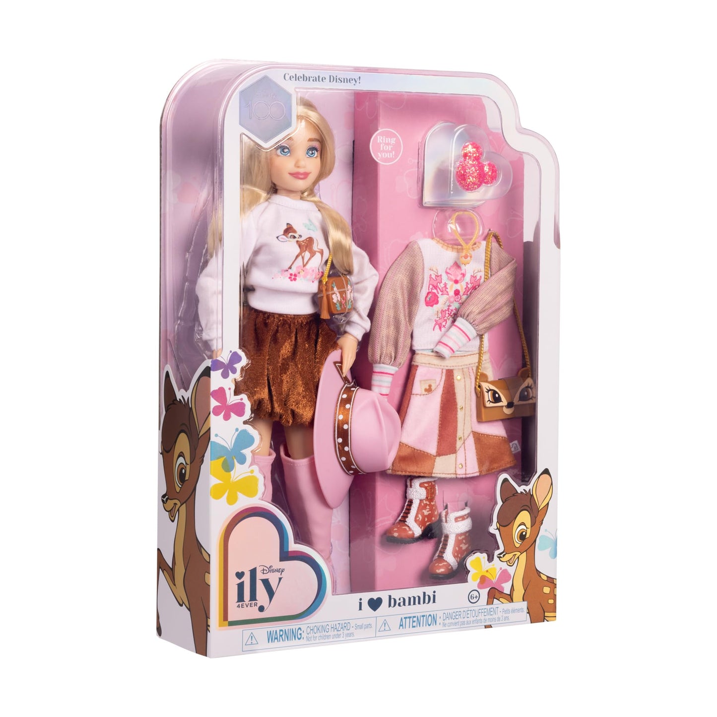 Disney ily 4EVER Dolls Disney 100 - Bambi 11.5" Tall with 13 Points of Articulation, Two Complete Mix-and-Match Outfits and Glittery Mickey Ring for