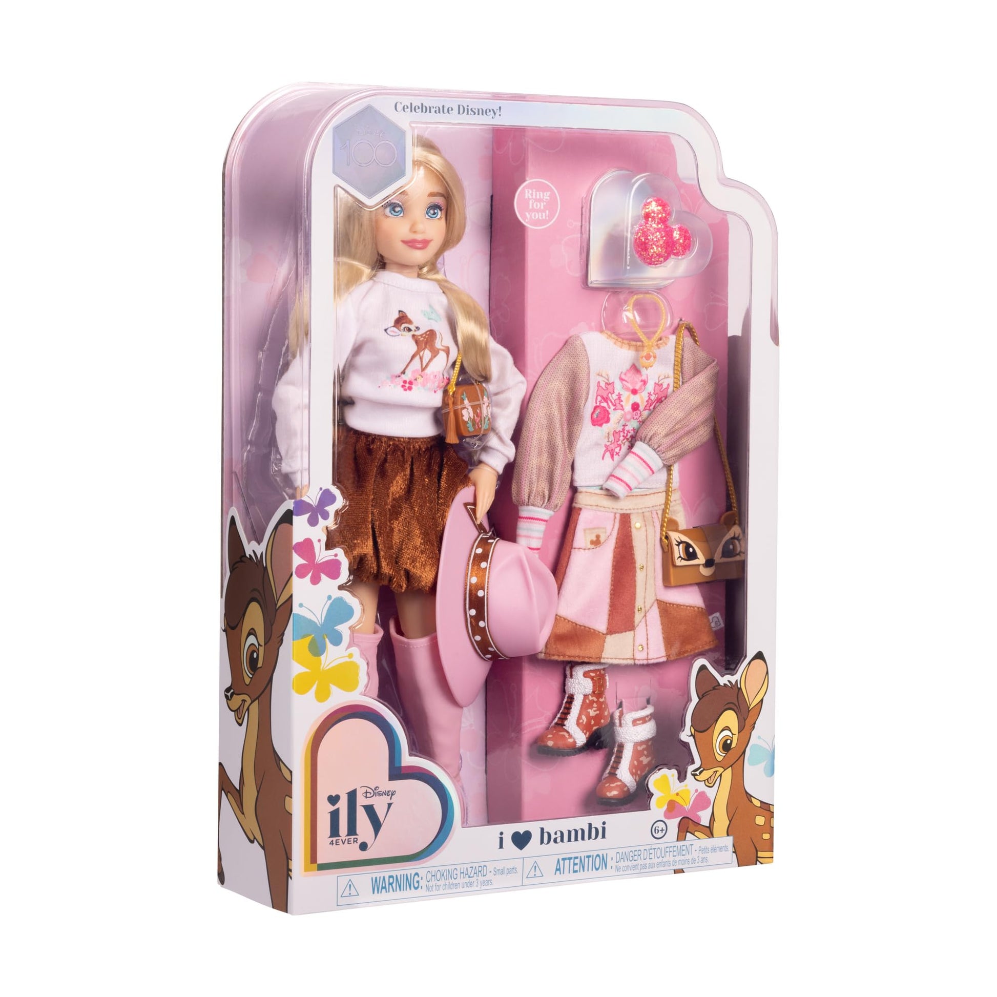 Disney ily 4EVER Dolls Disney 100 - Bambi 11.5" Tall with 13 Points of Articulation, Two Complete Mix-and-Match Outfits and Glittery Mickey Ring for