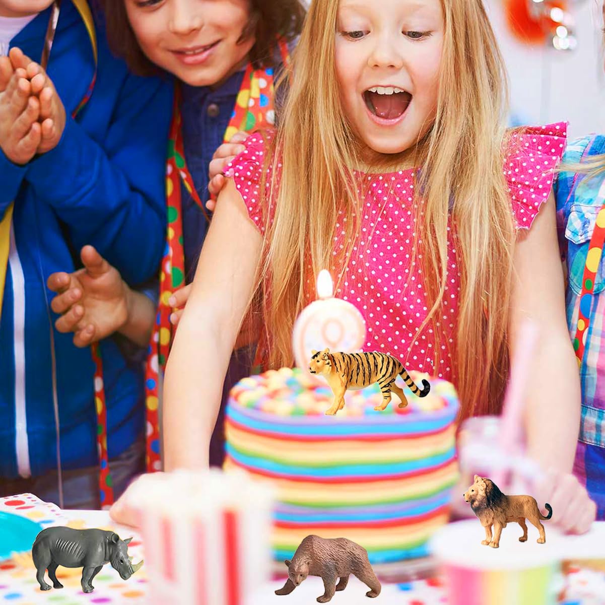 RUSON 12 Safari Animals Figures Toys with 12 Flash Cards, Realistic Mini Jungle Animal Figurines Cake Topper Party Supplies Montessori Animal Matching