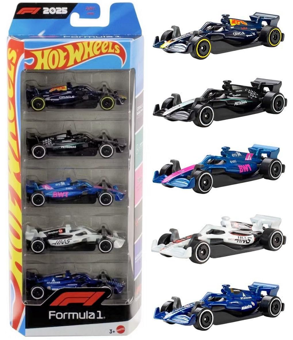 Hot Wheels Formula 1 Die-Cast Cars, Bundle of F1 2024 & 2025 Teams 5 Packs and Scuderia Ferrari HP Short Card, Ages 3+