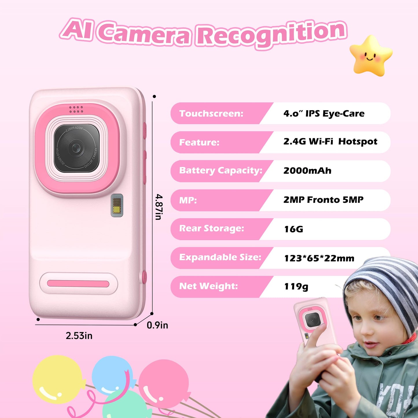 Gimywit AI Kids Camera for 3-11 Year Old Boys and Girls, AI Learning Digital Video Camera with with Object Recognition, Best Birthday, WiFi Kids Toy