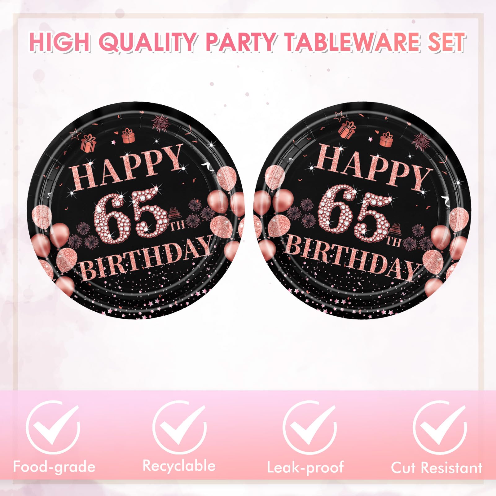 65th Birthday Decorations for Women Men, 40Pcs 65th Birthday Party Paper Plates and Napkins Black Rose Gold Happy Sixty-Five Years Old Birthday Party