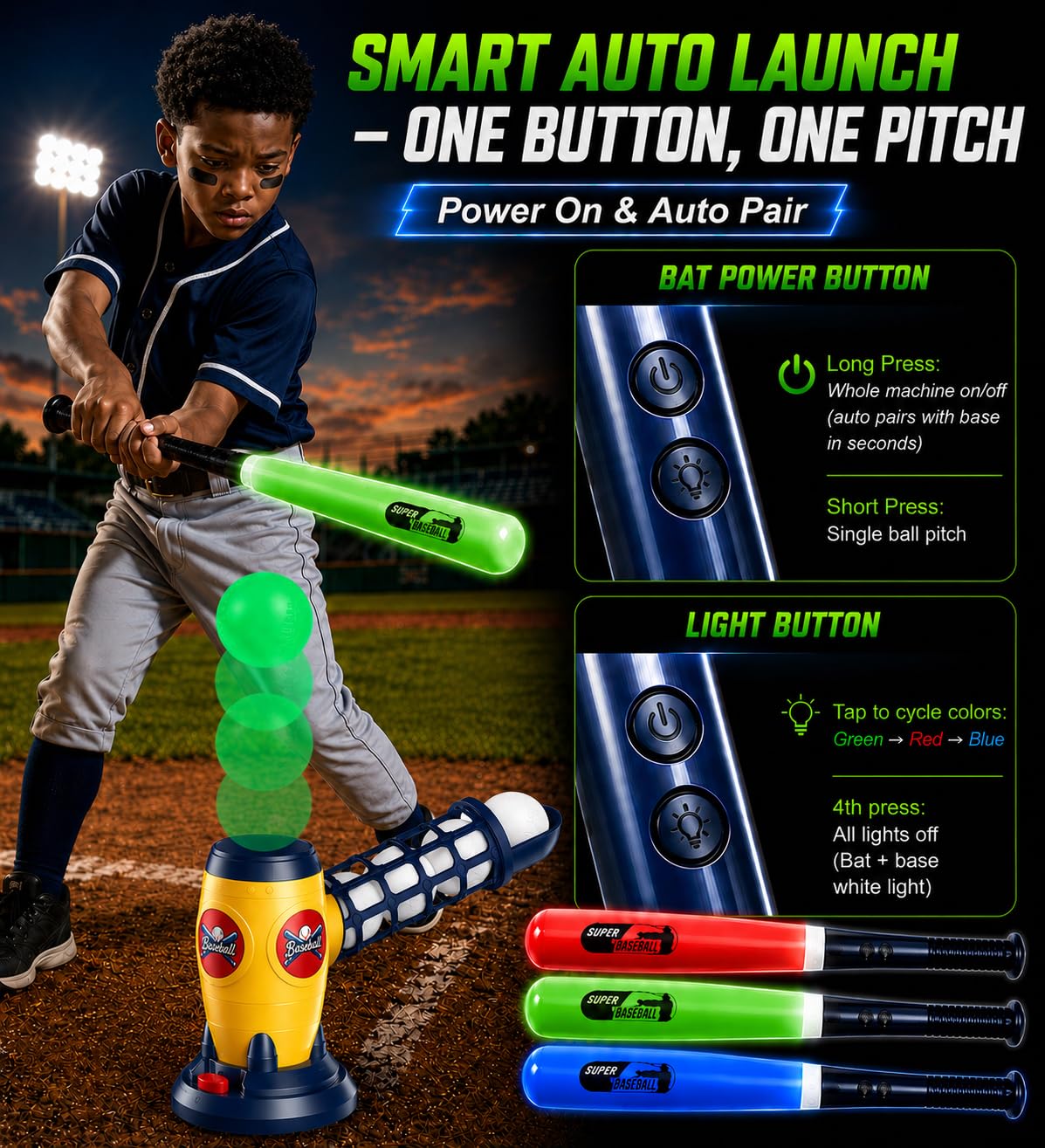 Kids Baseball Auto Pitching Machine T Ball Set, Remote Bat, 5 Glow Balls