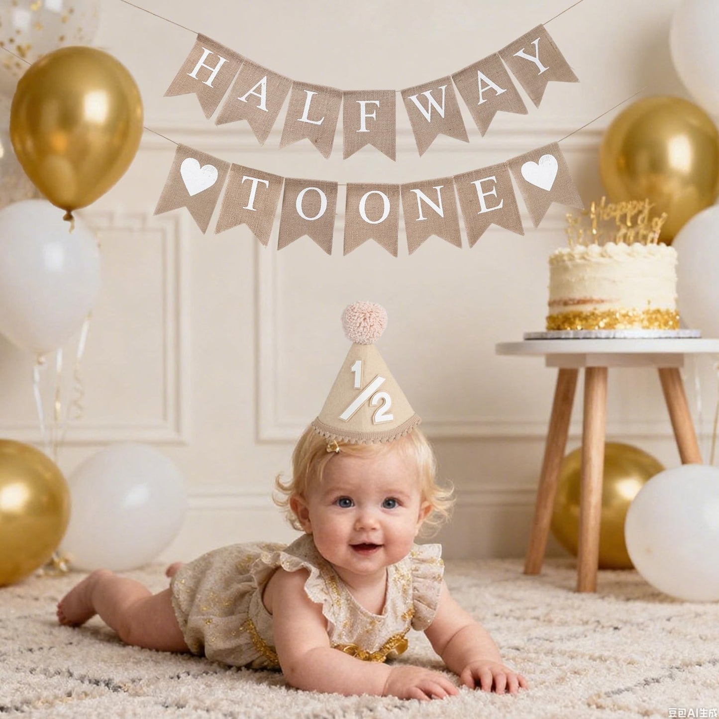 6 Months Beige Half Birthday Decorations With Half Way To One Banner And 1/2 Bir-thday Hat For Six Months Ha-Lf Year BD Decor-ations Boy Girls