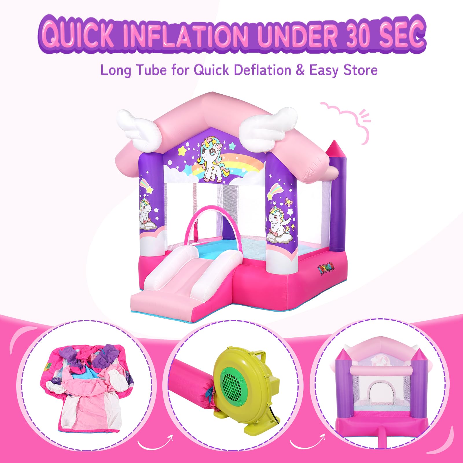 JOYMOR Pink Inflatable Bounce House with Slide, Unicorn Theme Princess, for Girls Outdoor and Indoor Use, Pink Bounce House for Kids 3-6 (Blower