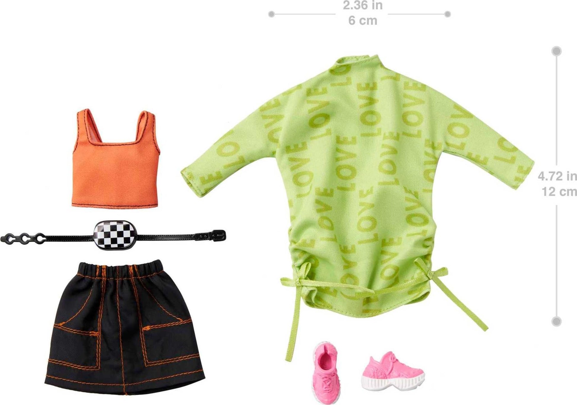 Barbie Fashions 2-Pack Clothing Set, 2 Outfits Doll Include Green Sweatshirt Dress, Sleeveless Top & Skirt & 2 Accessories