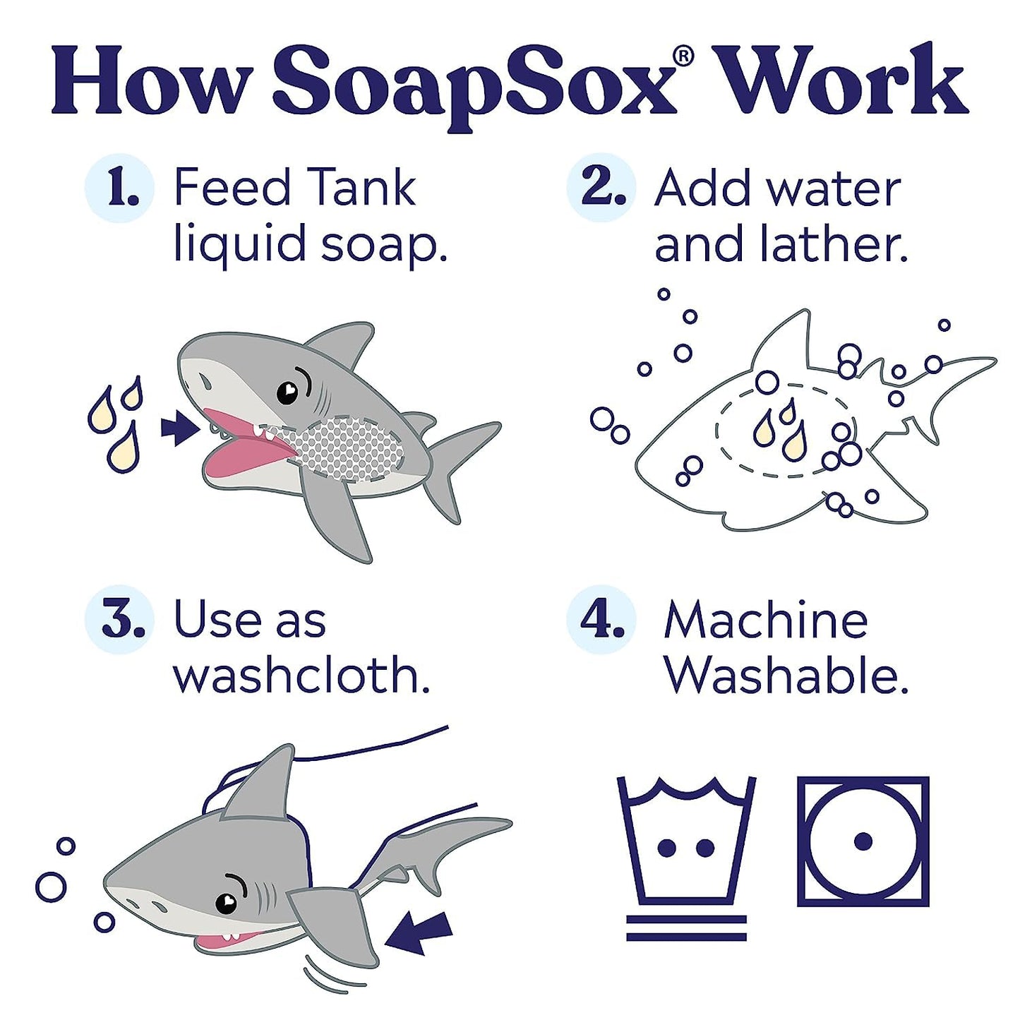 SoapSox Kids Exfoliating Bath Scrub (Tank the Shark) - Soft Animal Toy Wash Cloth Sponge with Soap Pocket Insert - Fun Loofah Characters for Babies