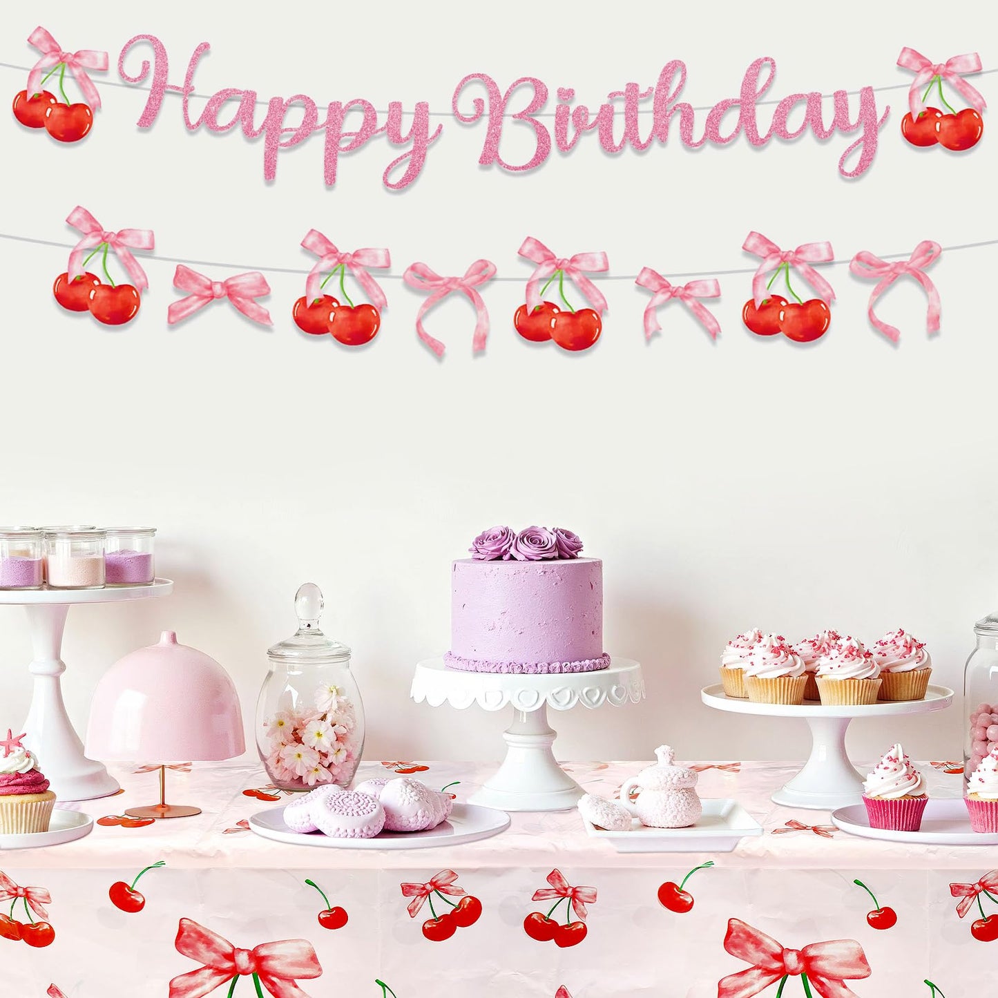 3Pcs Cherry Birthday Decorations Tablecloths 54 x 108 Inch Waterproof Cherry Heart Table Cover Disposable Fruit Theme Party Supplies Table