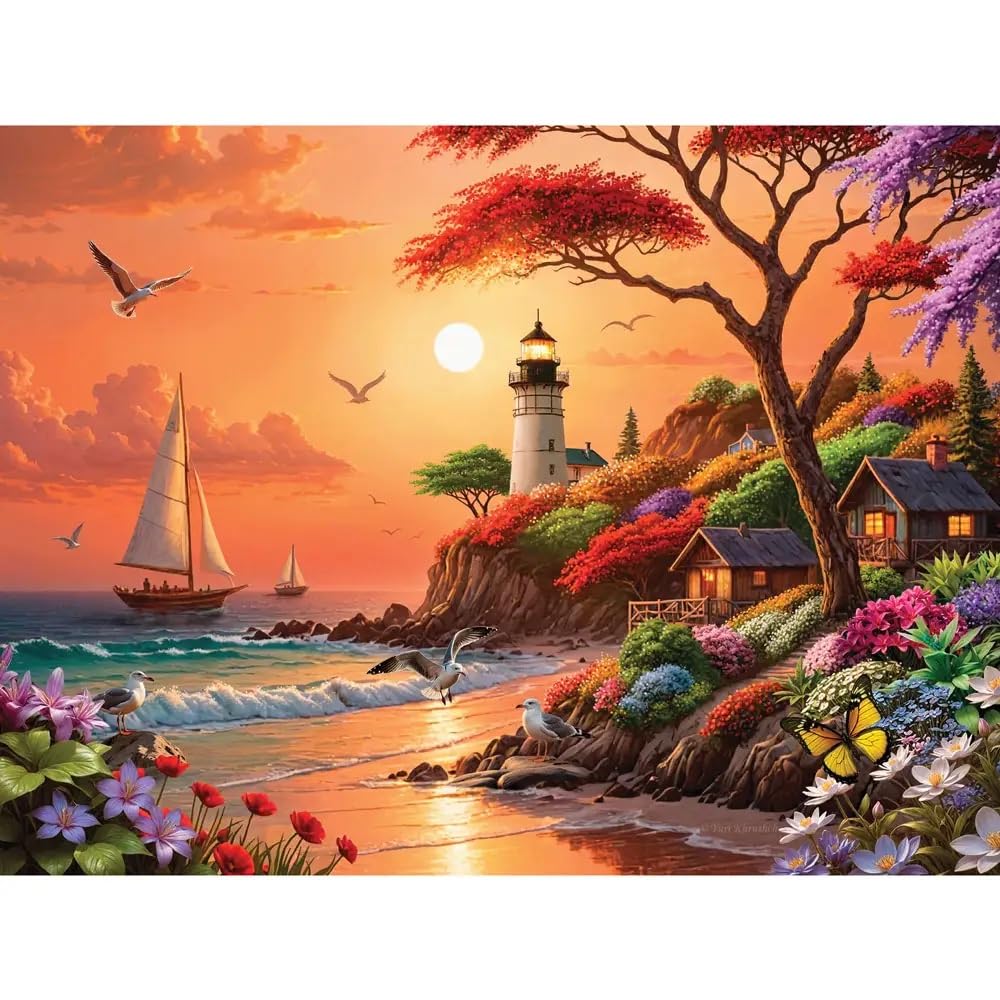 Bits and Pieces 3 Jigsaw Puzzle Set - 500 Piece Puzzles for Adults - Fantasy Landscapes - 18" x 24" Jigsaw Puzzles - Sunset Lighthouse Waterfall