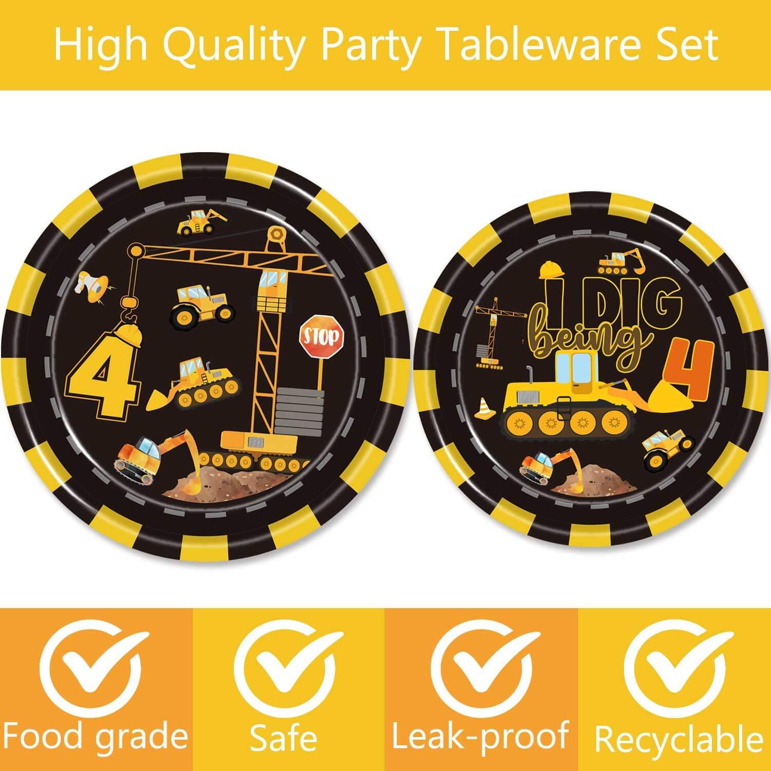 92 Pcs Construction 4th Birthday Party Supplies Dump Truck Theme Four Tableware Includes Hanging Swirl, Balloons, Plates, Table Cloth for Boys
