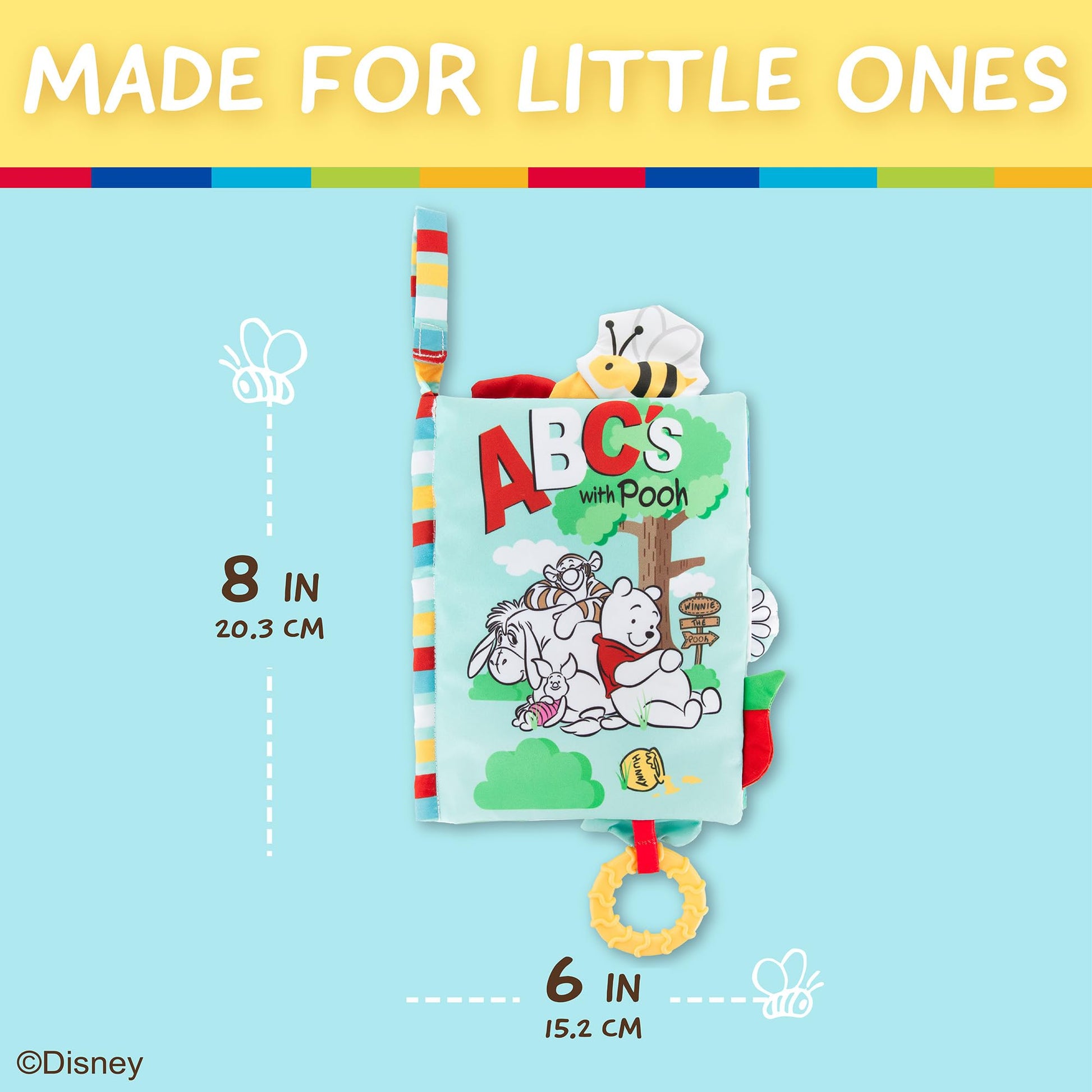 Kids Preferred Disney Baby Winnie The Pooh Deluxe Soft Book Abc's with Pooh On-The-Go Sensory Books for Babies with Crinkle Pages and BPA Free Teether