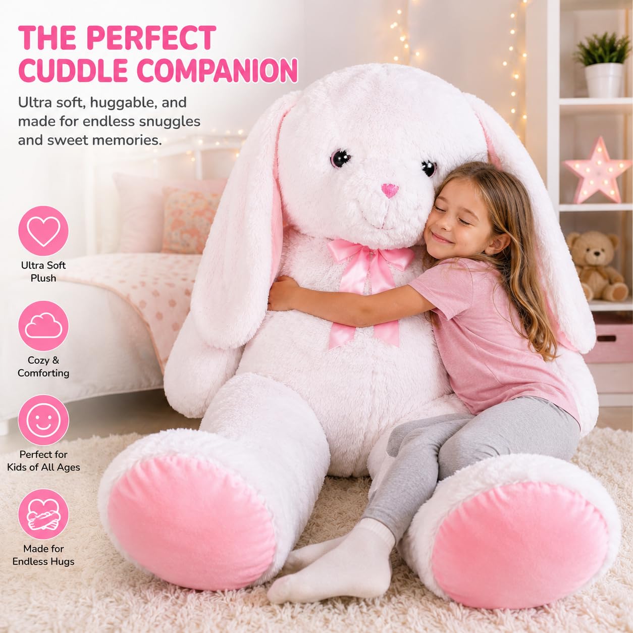 Kangaroo Giant Stuffed Bunny Plush 5 Foot Oversized Bunny Stuffed Animal Ultra Soft Plush Rabbit with Floppy Ears, Large White Bunny for Kids, Girls