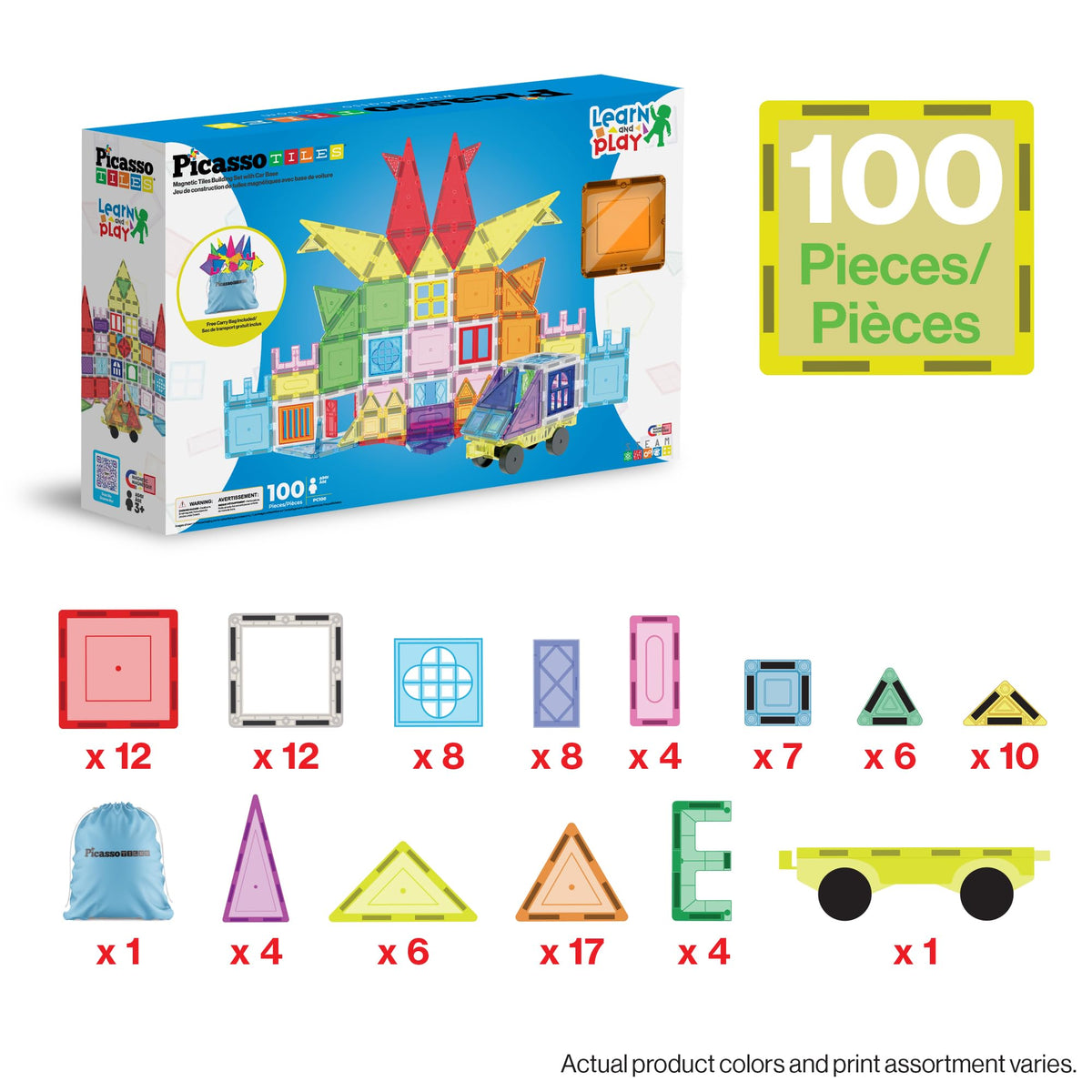 PicassoTiles 100PC Full Size & Travel Magnetic Tile Playset with Toy Bag