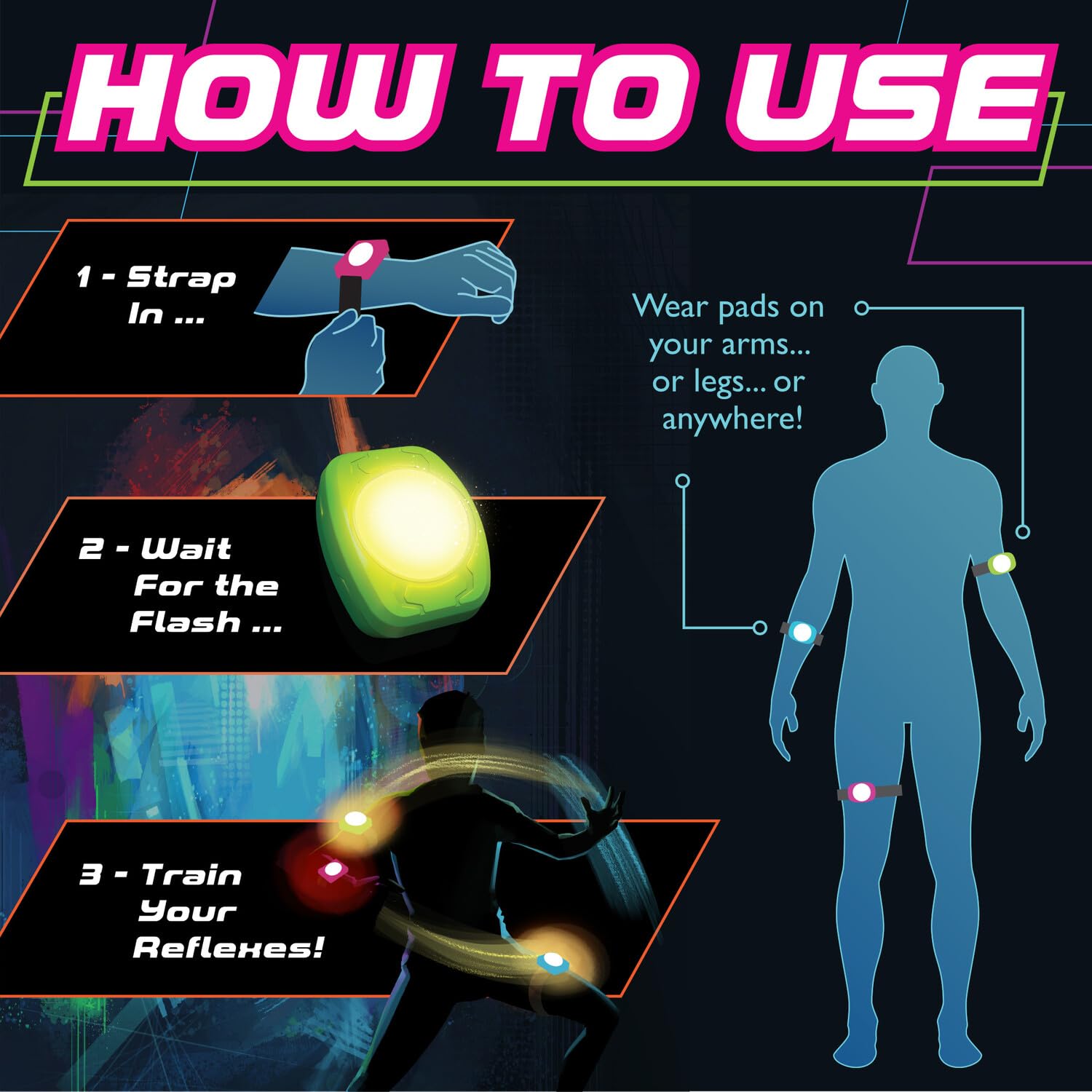 MindWare Flex Flash Reflex Training Game for Kids & Adults - Fast-Paced Reaction Speed Game with Wearable Light-Up Pads, 1-3 Players, Ages 6+