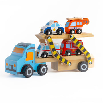 Jasey's Toy Chest Wooden Off to the Rescue Vehicle Carrier - 6-Piece Fire & Rescue Wooden Toy Set for Kids Ages 3+ | Oppenheim Award Winner