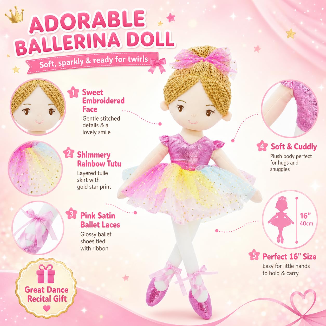 June Garden 16" Ballerina Princess Polina - Stuffed Plush Soft Doll - Pink Outfit - Gift for Toddler Girls
