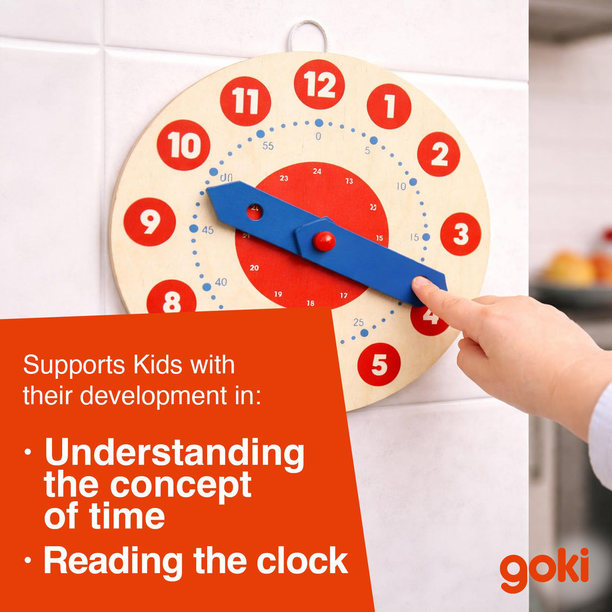 Goki Wooden Learning Clock for Kids - Educational Telling Time Teaching Clock for Toddlers & Kindergarten - Wooden Learning Toys I Toddler Educational