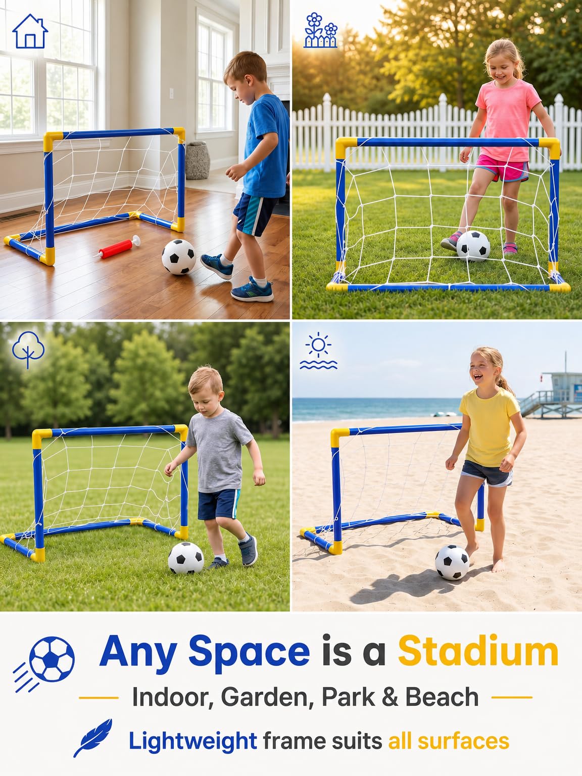 JollyJubilant 2-Pack Soccer Goal Set for Kids, Portable Soccer Goals with Ball & Pump - Indoor Outdoor Backyard Training Toy, Birthday Gift