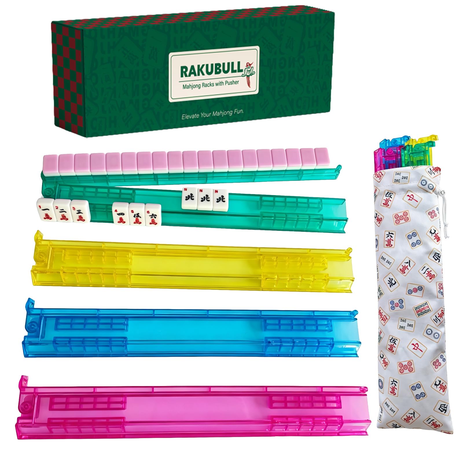 RAKUBULL 17.5'' Non-Slip Mahjong Racks with Pushers and Bag,Set of 4 All-in-One Tile Rack and Pusher,Clear Acrylic Mahjong Tile Holder for American