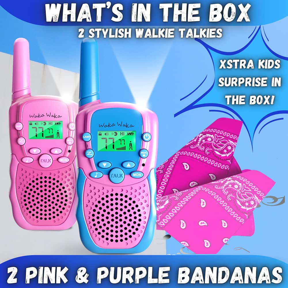 Waka Waka Walkie Talkies for Kids (2 Pack, Pink and Light Blue) - Long Range Two-Way Walkie Talkie Set with Bandanas and Whistles Included - Great for