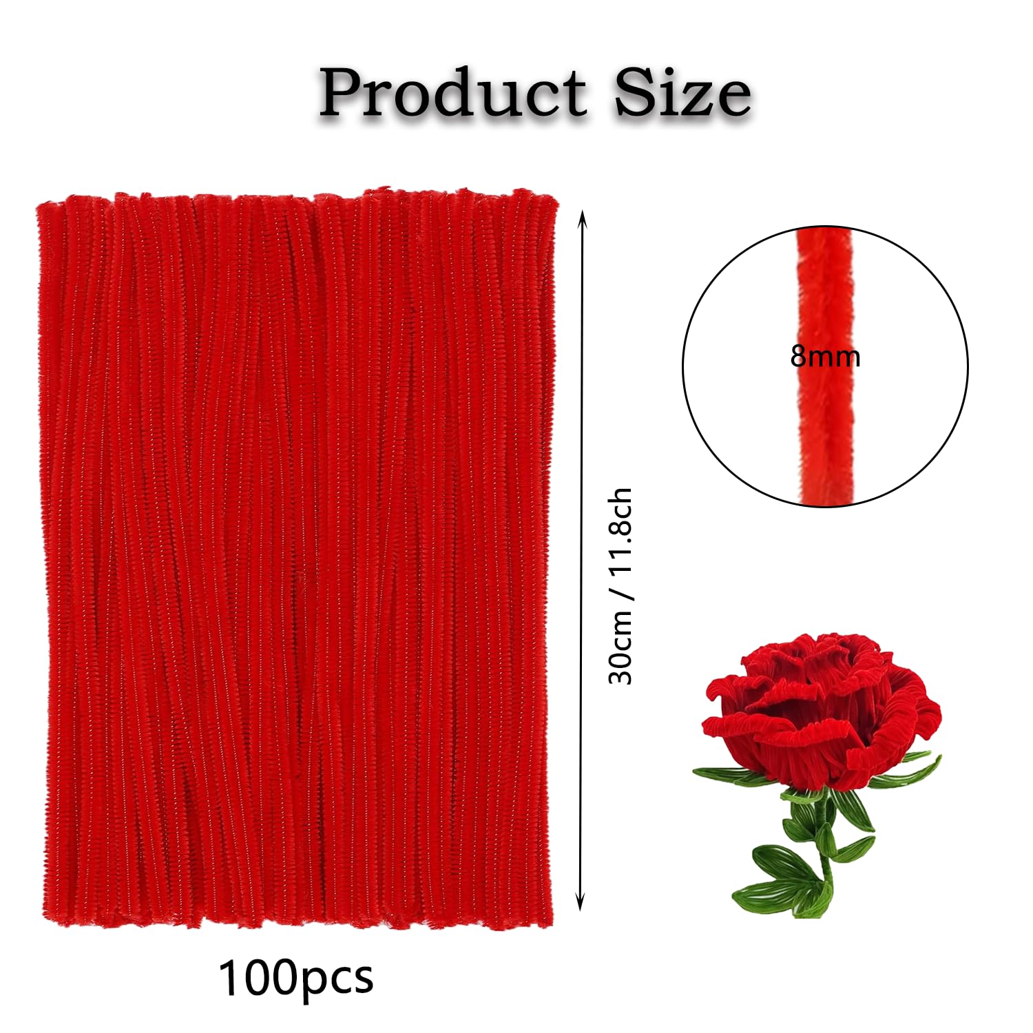 DVKKHD 100 Pcs Red Pipe Cleaners Bulk, 8mm Chenille Stems for DIY Craft