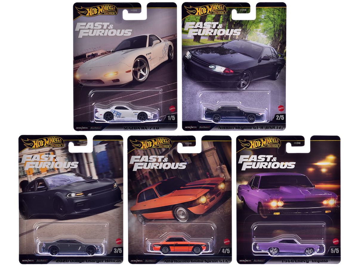 Hot Wheels Fast & Furious Die-Cast Cars Collection, 5-Pack Set, Mazda RX-7, Nissan Skyline, Dodge Charger, Alfa Romeo, Plymouth HNW-956K