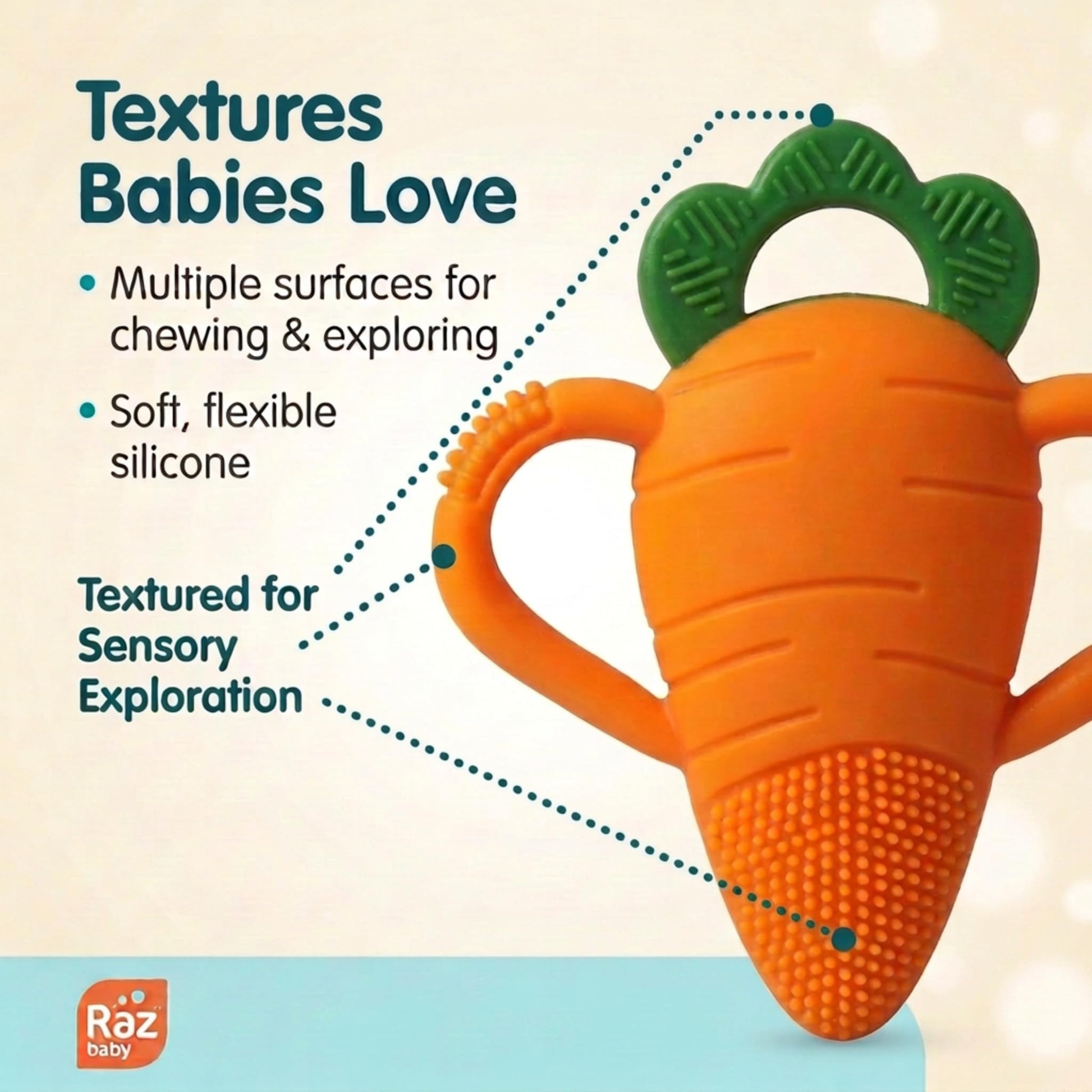 RaZbaby Bunny Snuggly w/Carrot Teething Relief Toy - Soothes Sore Gums w/Nature-Inspired Texture, 100% BPA-Free Silicone Teether, Soft Minky Stuffed