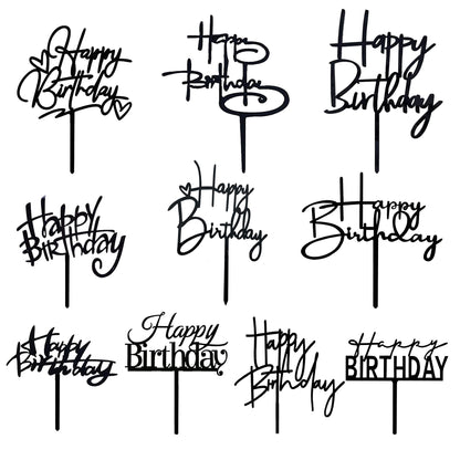 10 PCS Black Happy Birthday Cake Topper Acrylic Cupcake Topper A Series of Birthday Cake Supplies Decorations