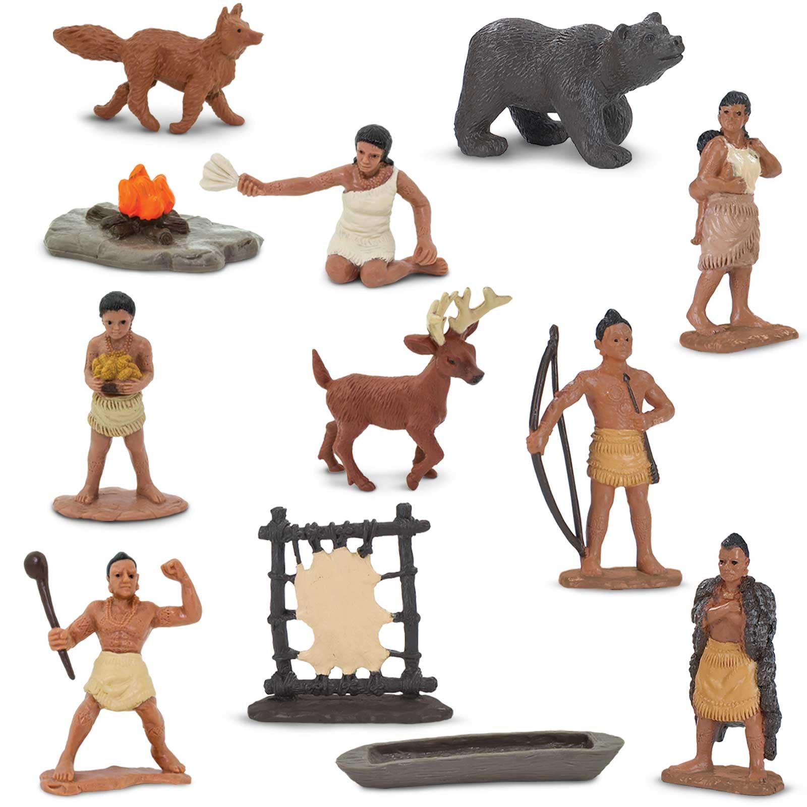 Safari Ltd. Powhatan Indians TOOB - 12 Figurines: Camp Fire, Canoe, Deer Hide, Warriors, Pocahontas, Chief Whunsoncock, & More - Educational Toy