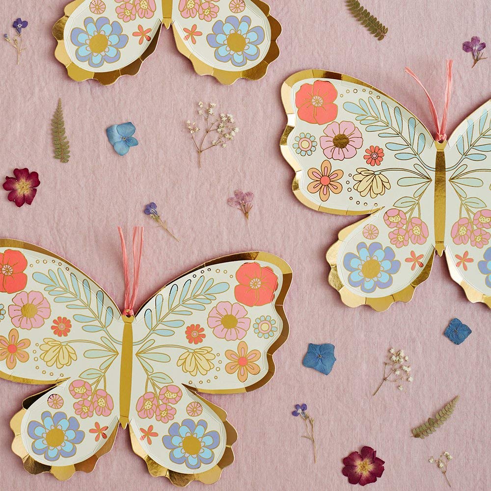 Meri Meri Butterfly Plates, Pack of 8 Disposable Paper Plates, Fun Shaped with Floral and Gold Foil Details - Great for Butterfly Birthday