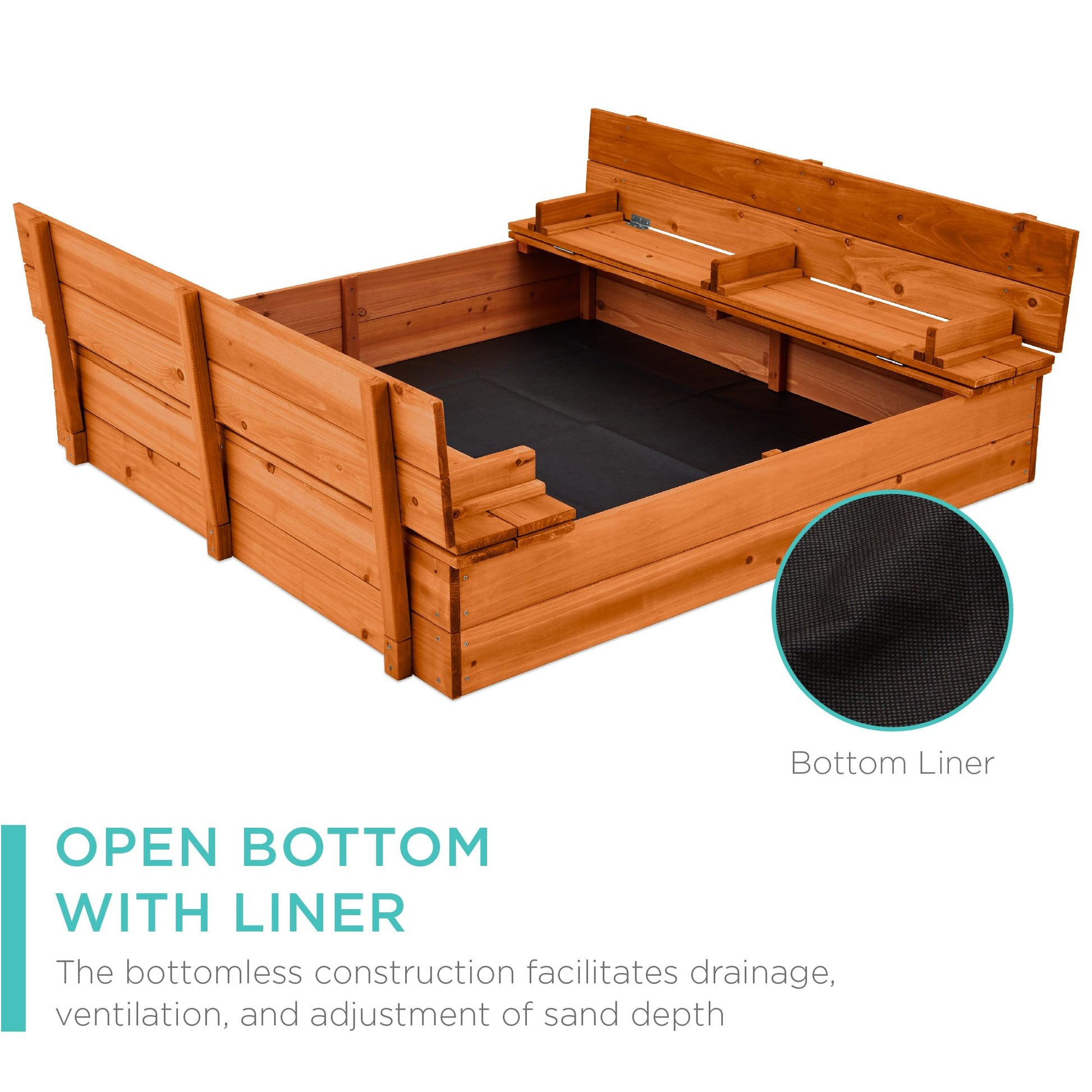 Best Choice Products Large Outdoor Wooden Sand Box for Kids, Sandbox with Cover, Bench Seats Support up to 220 lbs, Bottom Liner for Drainage, Cedar
