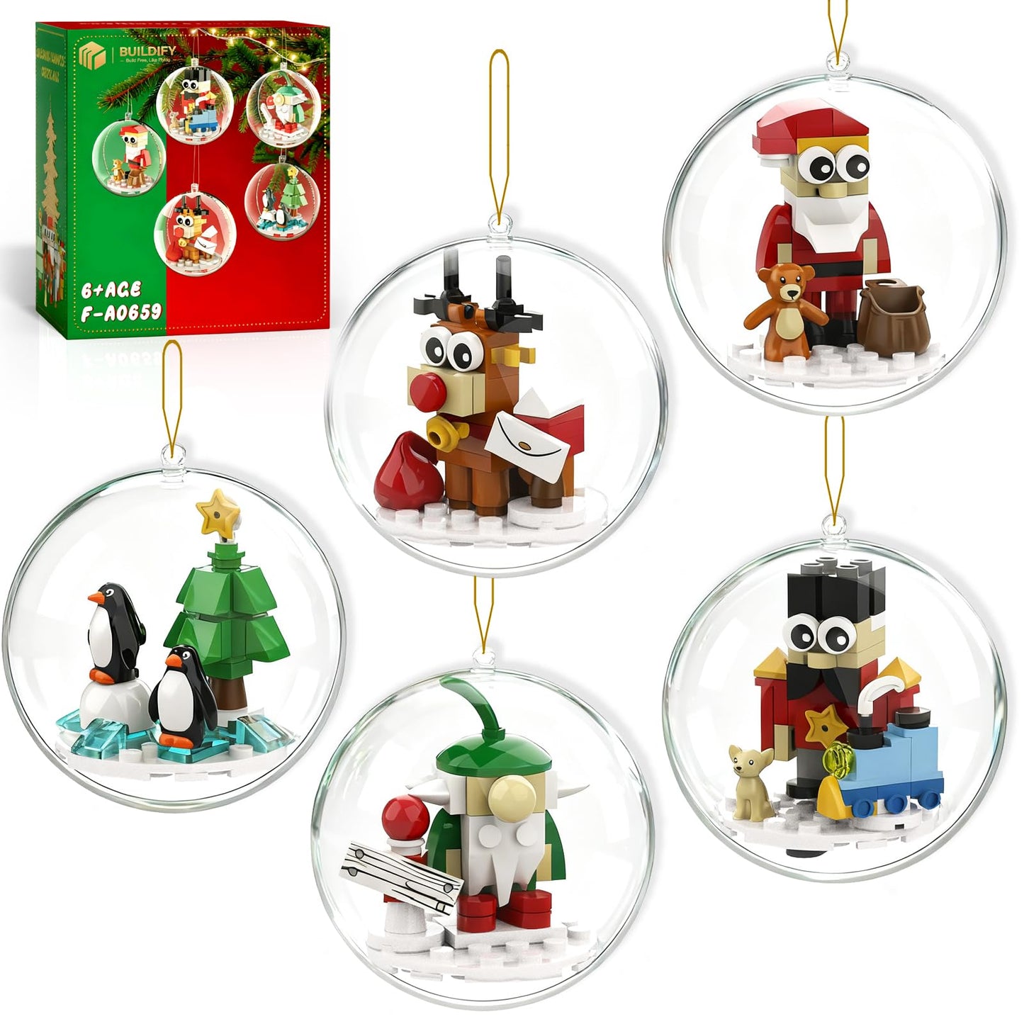 aphpaio Christmas Tree Ornaments Building Blocks Christmas, 2025 Christmas Decorations Ball Toys Included Santa Reindeer Nutcracker Gnome Penguin