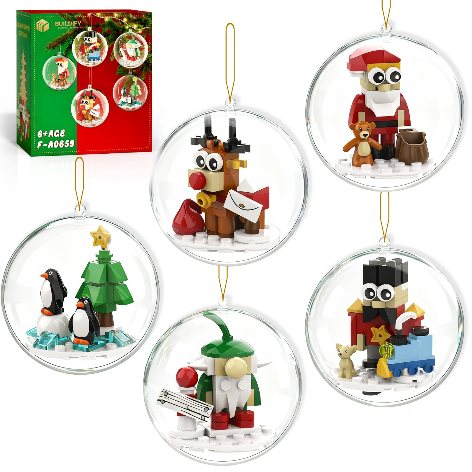 aphpaio Christmas Tree Ornaments Building Blocks Christmas, 2025 Christmas Decorations Ball Toys Included Santa Reindeer Nutcracker Gnome Penguin