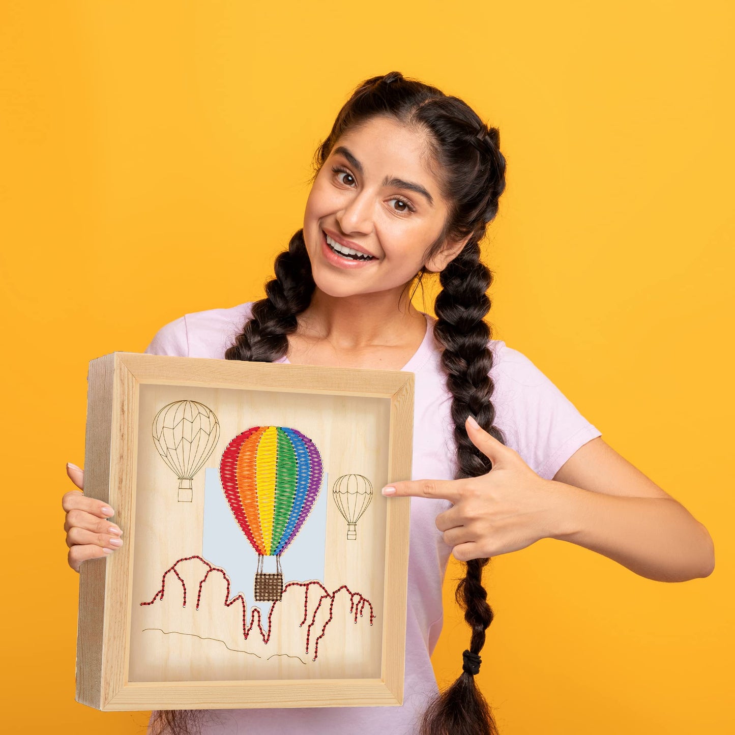 LEISURE ARTS Wood Stitched String Art Kit with Shadow Box Hot Air Balloon - Adult Or Kids Craft - Craft Kits for Teens String Art Kit for Adults 3D 3D