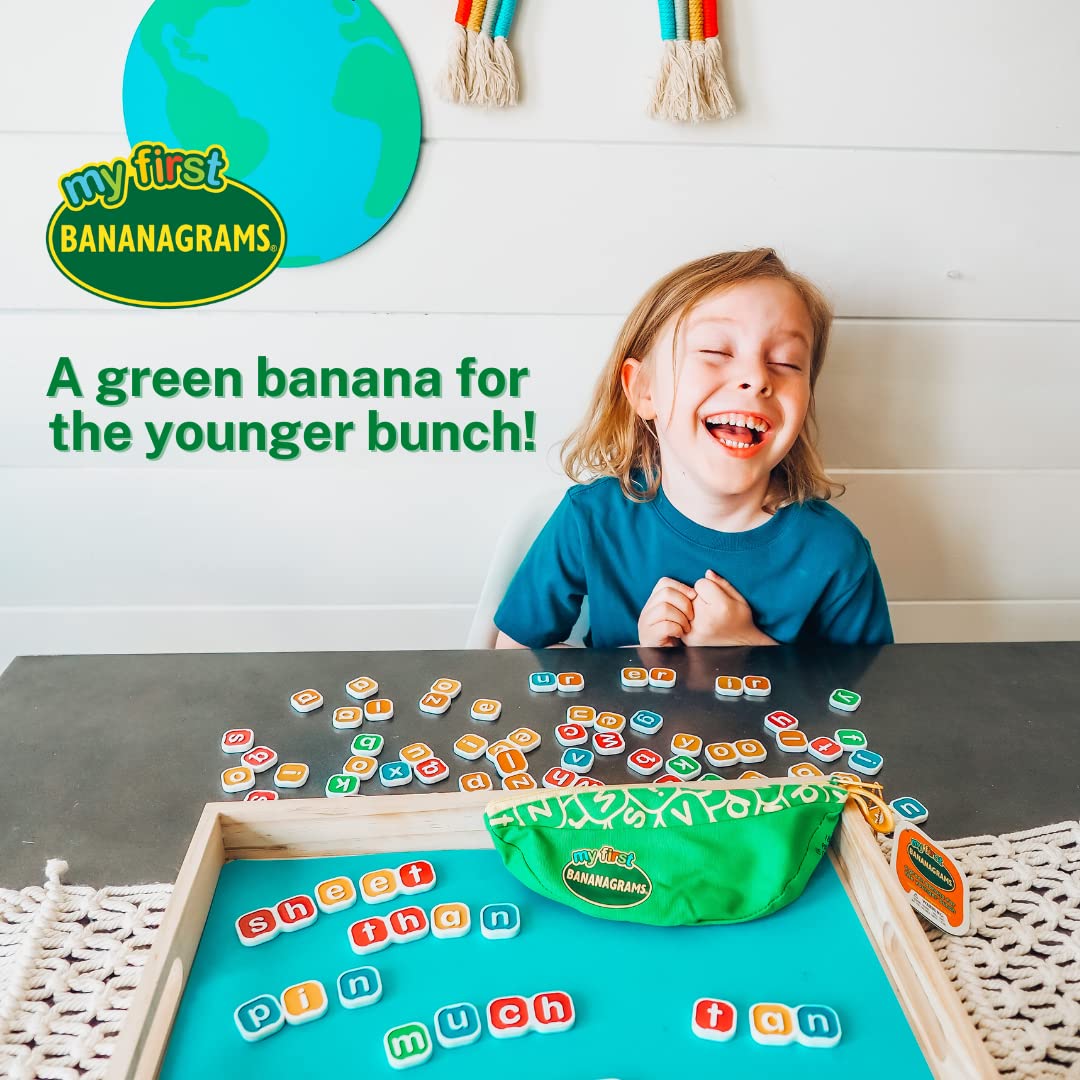 Bananagrams My First Word Game - Kids Spelling & Anagram Game in a Green Banana Pouch, Early-Learning & Travel, 72 Letter Tiles, 1-4 Players