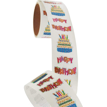 Bulk Roll Birthday Themed Prismatic Stickers, Happy Birthday with Cake - 50 Repeats