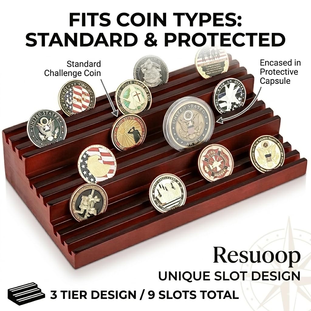 resuoop Challenge Coin Display Stand - Where Every Coin Tells A Story - Solid Wood Military Coin Rack | 9-Row Ladder Design Holds 45-60 Coins |