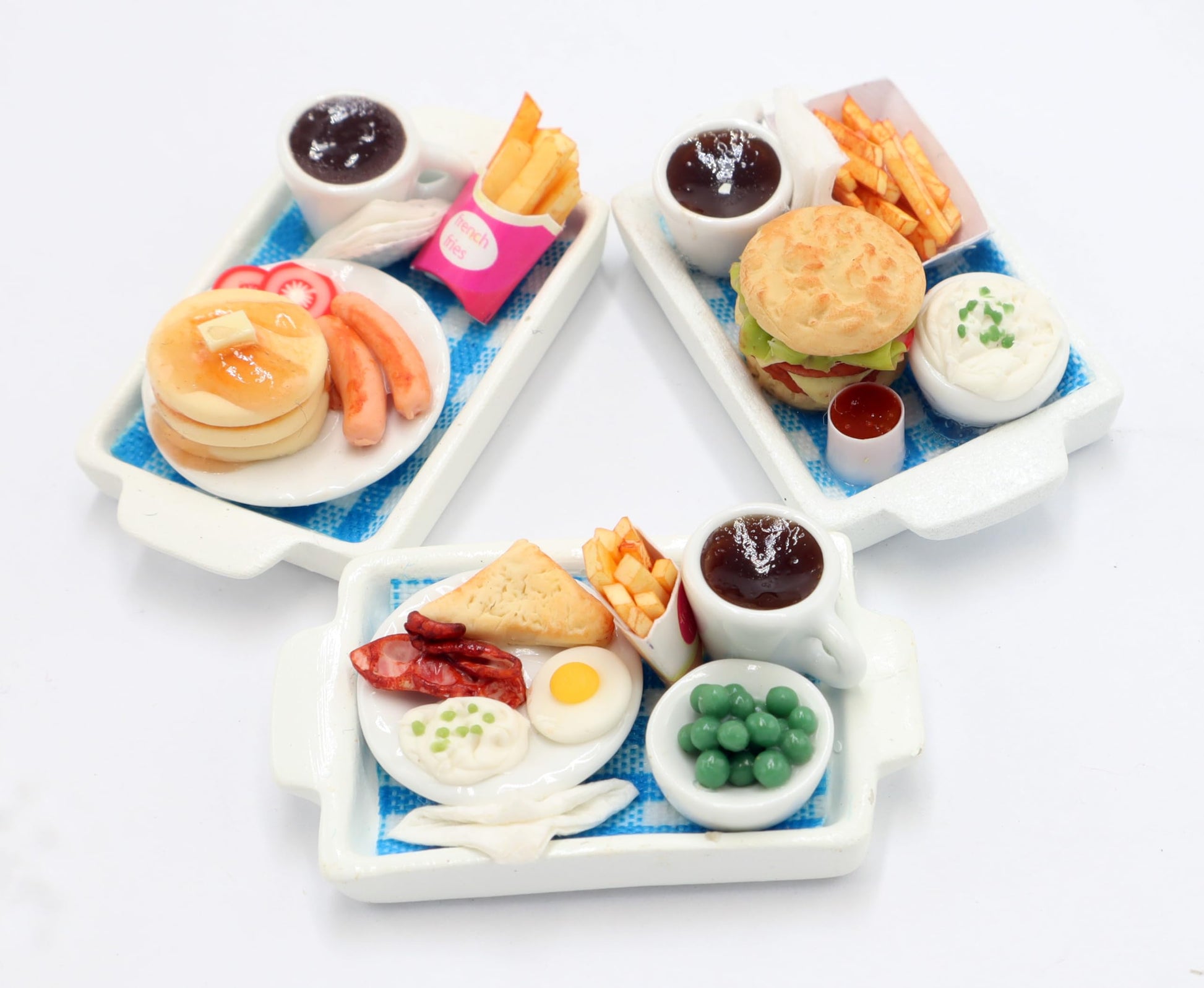 3 Pcs Dollhouse Miniature Food Trays - Handmade Clay Pancake, Burger & Sandwich Coffee Sets on Plastic Trays (1.5 x 2 Inch), 1/6 Scale Dollhouse