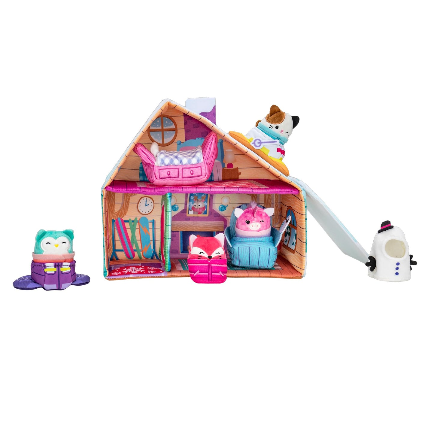 Squishville by Original Squishmallows Ski Chalet - Includes Four 2-Inch Skis, Snowboard, Snowman, Chair, Bed, and Playscene with Ski Slope - Amazon