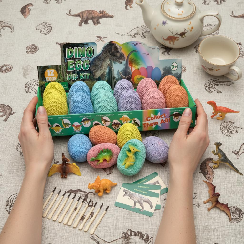 EXBEPE Dinosaur Eggs Excavation Dig Kit, 12 Fossilized Colorful Easter Dinosaur Egg with 12 Cards and 12 Dig Tools, Science Education STEM Toys