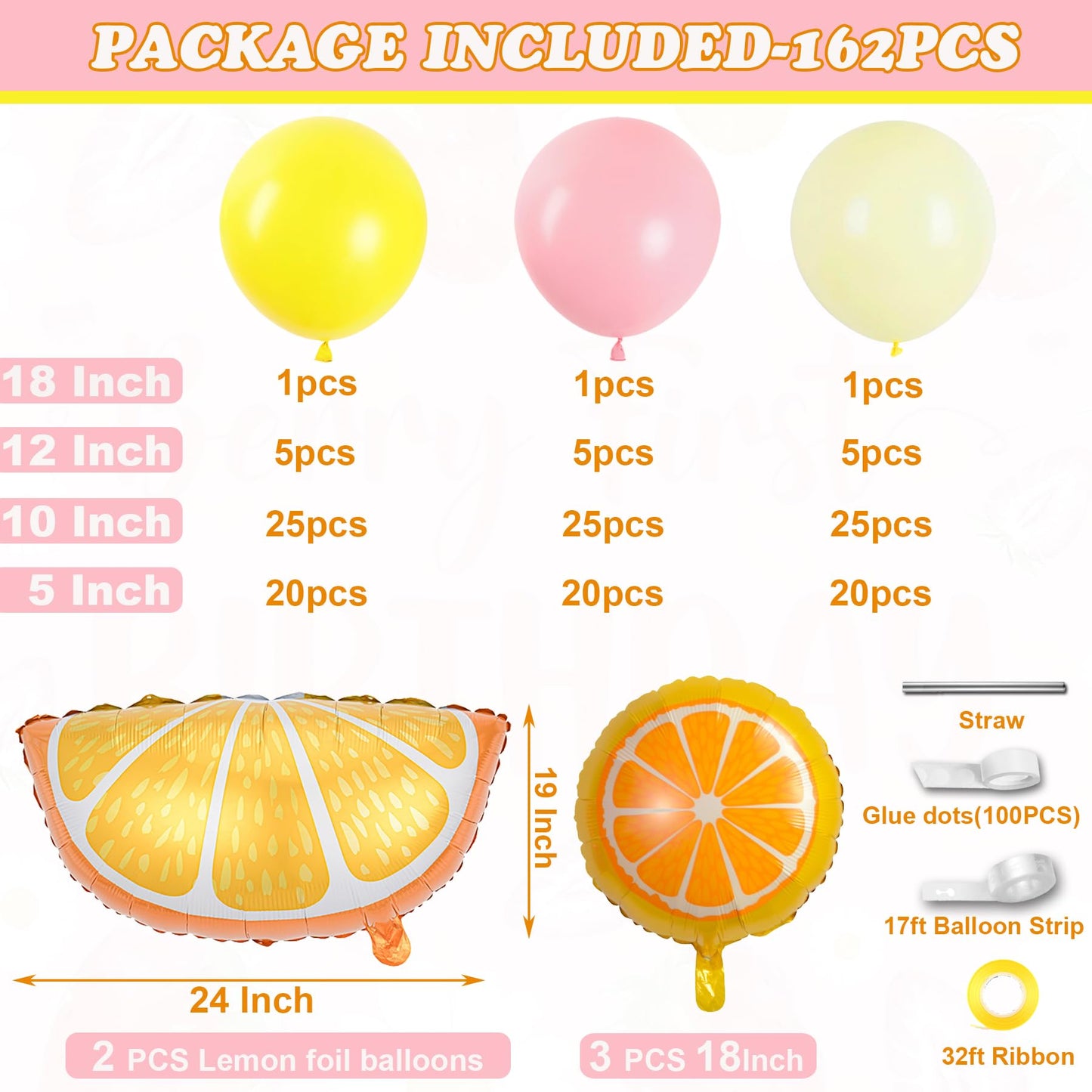 Lemon Balloon Arch Garland Kit,162pcs Pastel Yellow Pink and Yellow Balloon Arch Kit with Lemon Yellow Foil Balloons for Lemon Baby Shower,Lemonade