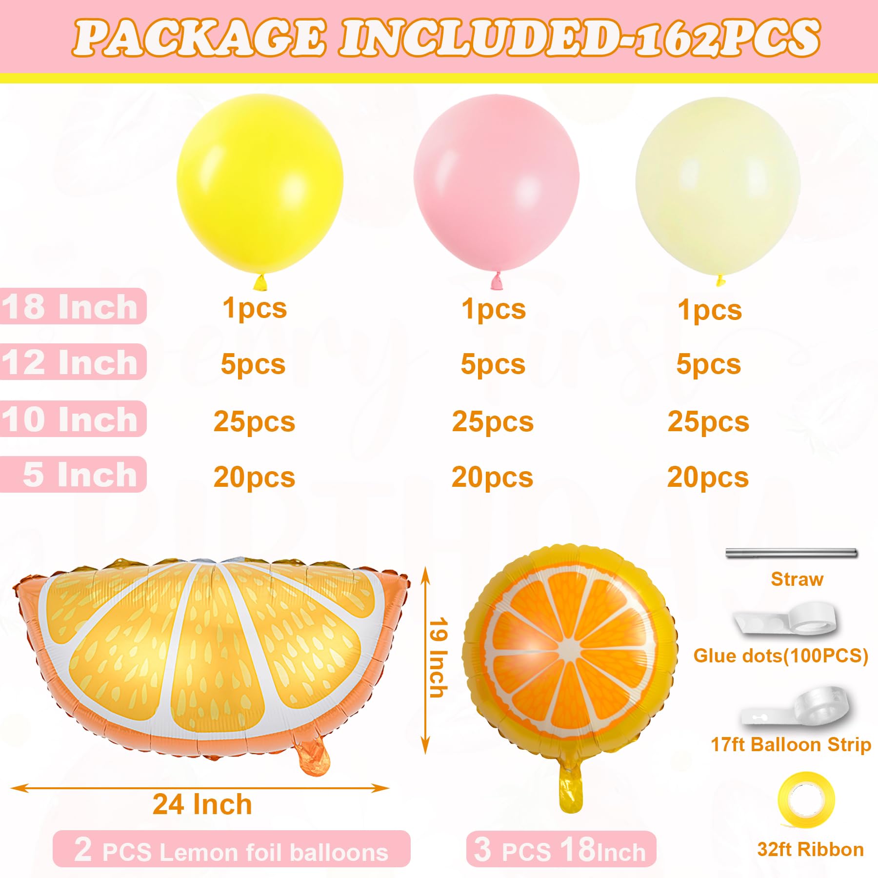 Lemon Balloon Arch Garland Kit,162pcs Pastel Yellow Pink and Yellow Balloon Arch Kit with Lemon Yellow Foil Balloons for Lemon Baby Shower,Lemonade