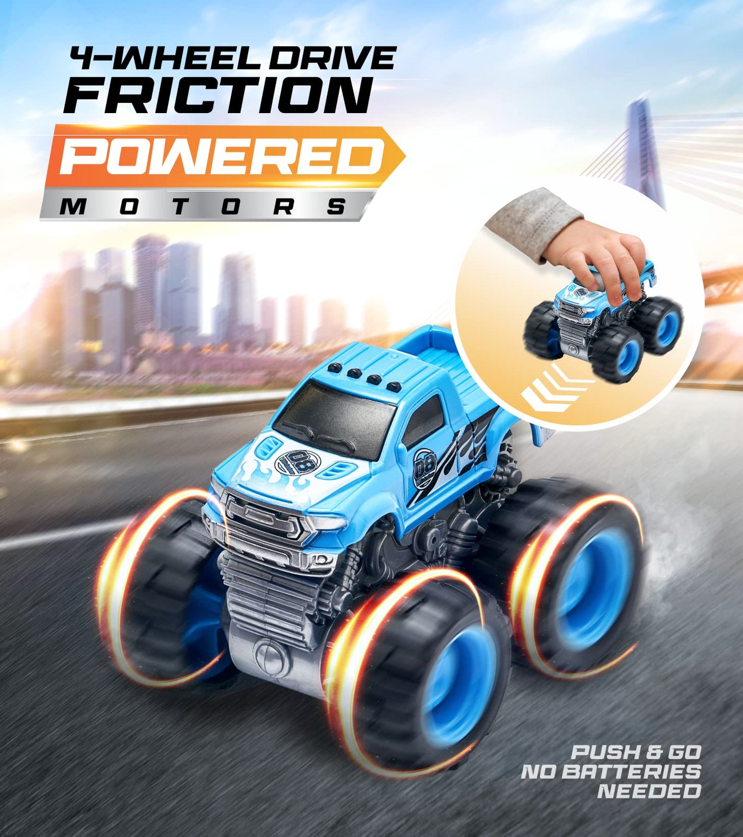 6 Pack Monster Trucks Toys for Boys and Girls, 4-Wheel Drive Friction Powered Push and Go Toy Cars with Giant Wheels, 360° Crazy Stunts, Age 3, 4-7