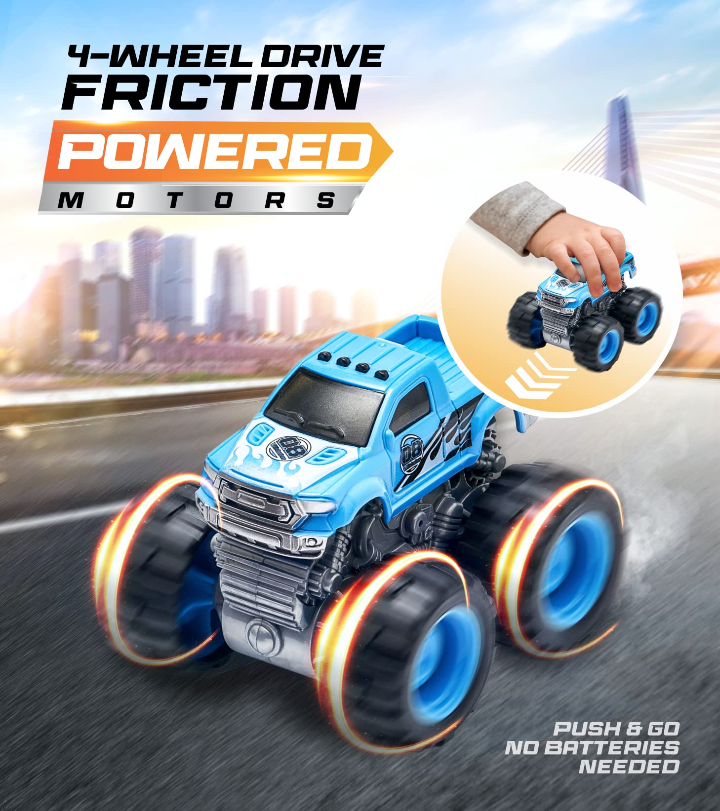 6 Pack Monster Trucks Toys for Boys and Girls, 4-Wheel Drive Friction Powered Push and Go Toy Cars with Giant Wheels, 360° Crazy Stunts, Age 3, 4-7