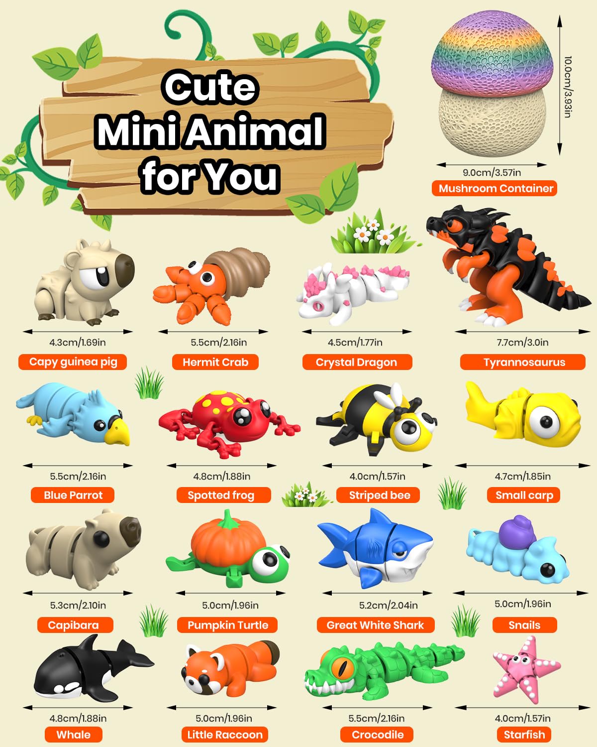 17PCS 3D Printed Animal Figurines Set with Mushroom Container - 16 Unique Articulated Animals, Fidget Toys for Stress Relief, Party Favors, Desk Decor