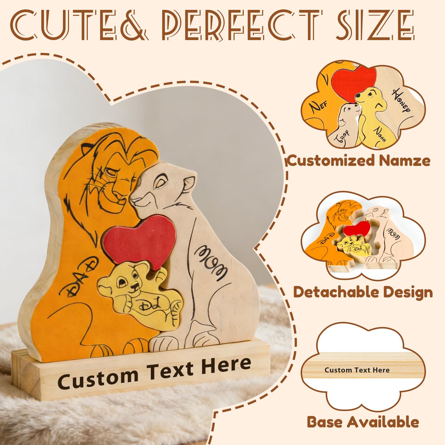 Custom Wooden Bear Family Puzzle with 2-9 Names,Mom Dad’s Day Gifts(Lion)
