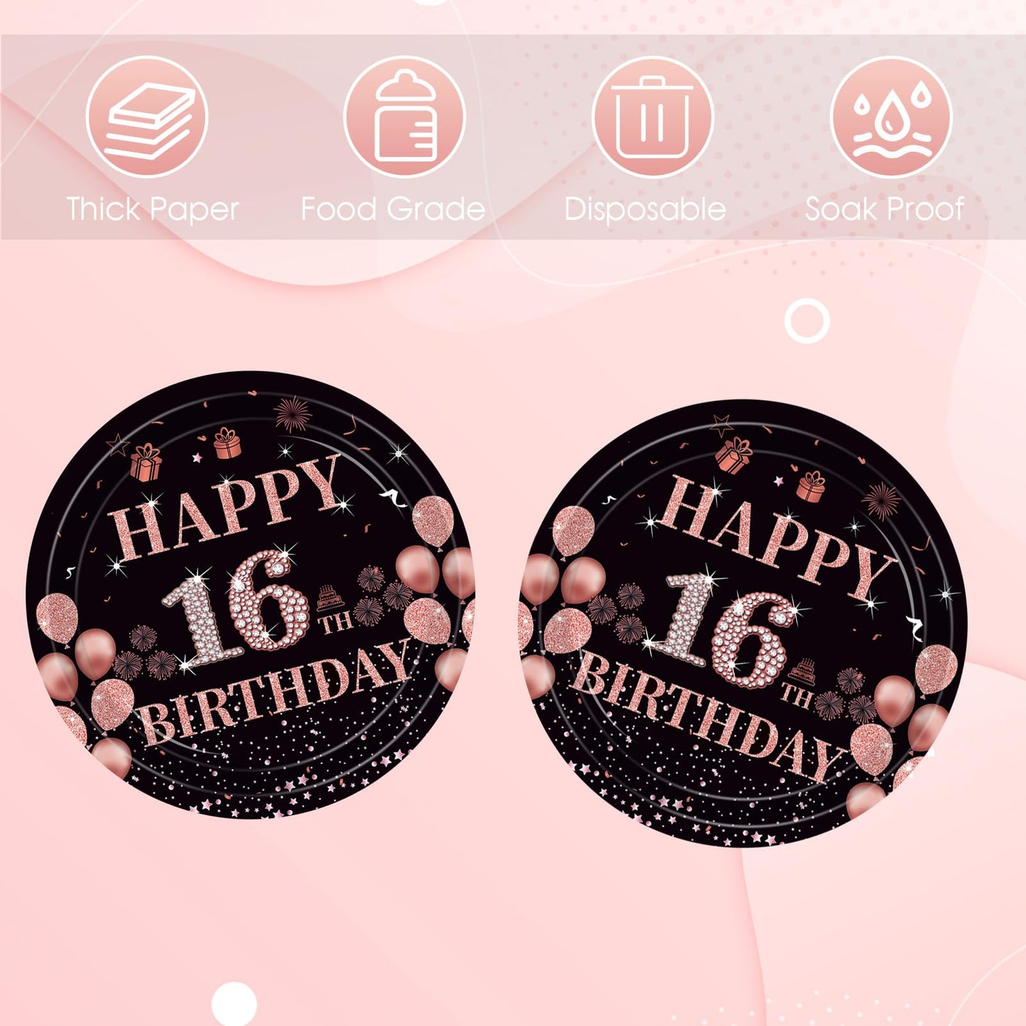 Fitoyplak 50Pcs Sweet 16 Party Decorations,7Inch 16th Birthday Plates,Sweet Sixteen Party Tableware Set Black Rose Gold Sweet 16 Plates?16th Birthday