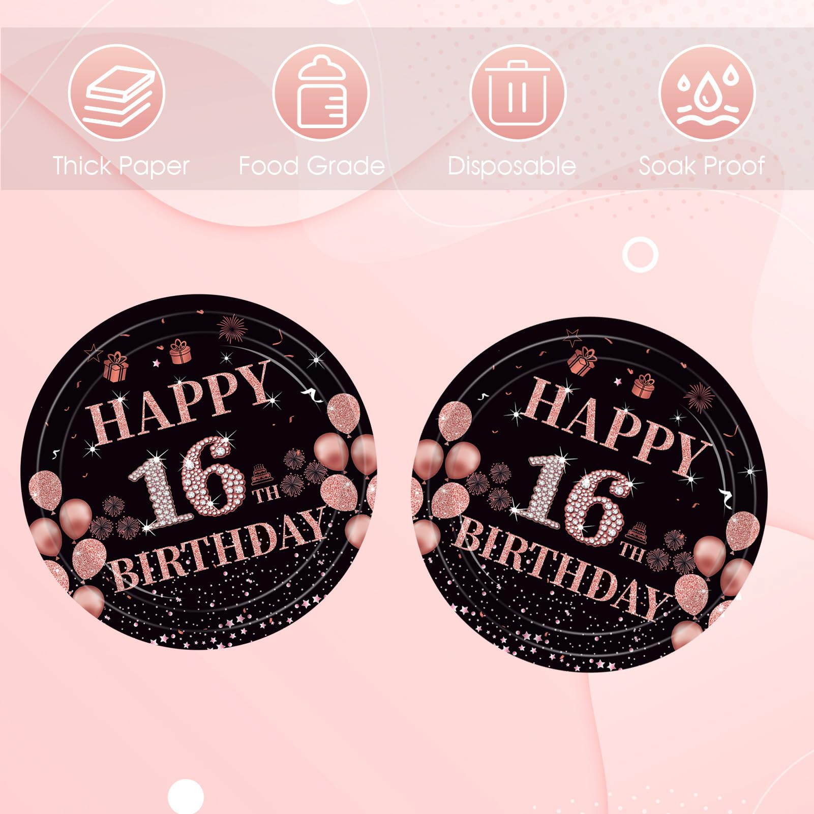 Fitoyplak 50Pcs Sweet 16 Party Decorations,7Inch 16th Birthday Plates,Sweet Sixteen Party Tableware Set Black Rose Gold Sweet 16 Plates?16th Birthday