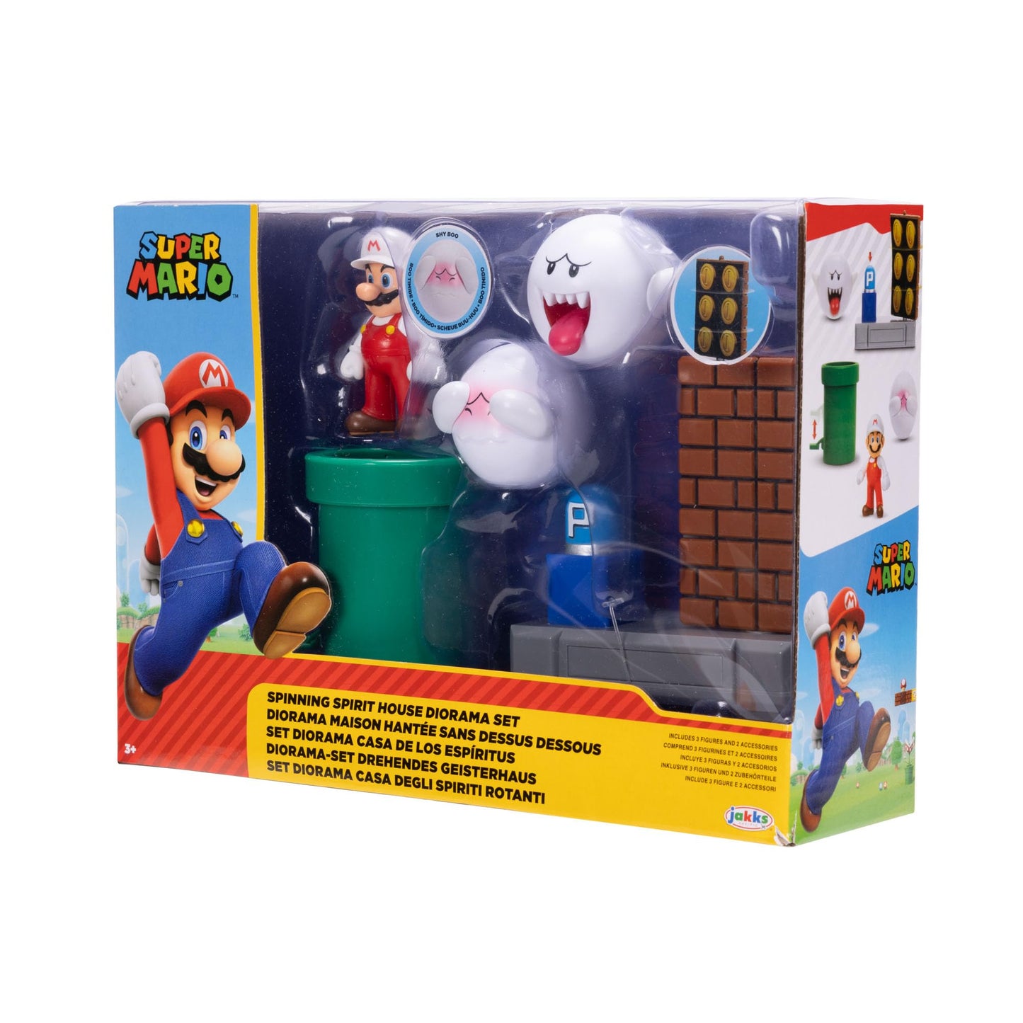 Super Mario Action Figures Spinning Spirit House Diorama Playset with 2.5-Inch Fire Mario Figure, Shy Boo, Boo, Green Pipe and Rotating Brick Wall