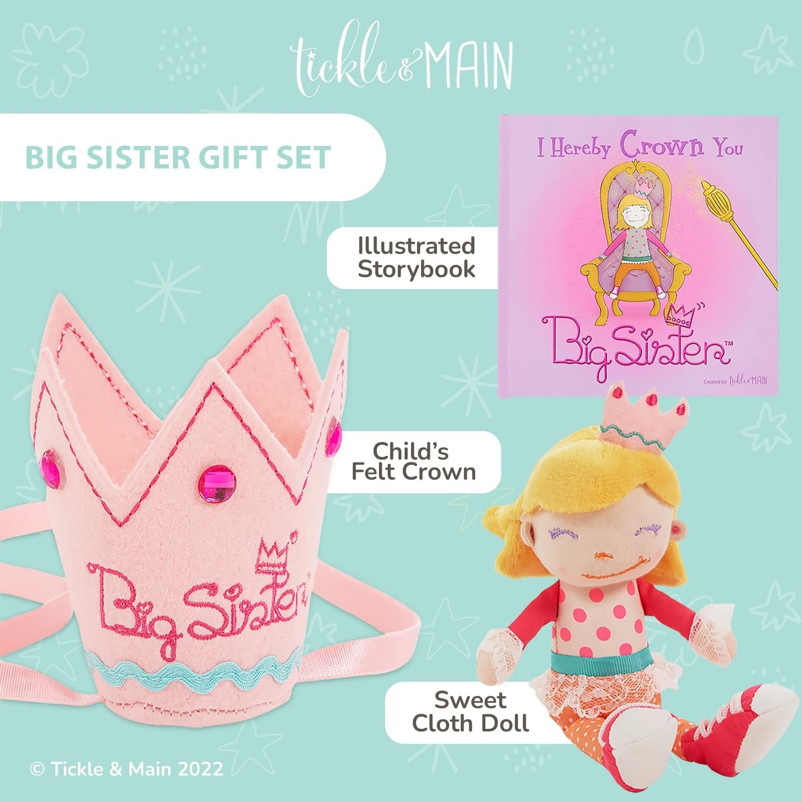 Tickle & Main Big Sister Gift Set - 3-Piece Kit, Multicolor - Includes I Hereby Crown You Storybook & 8-Inch Cloth Doll with Adjustable Felt Crown